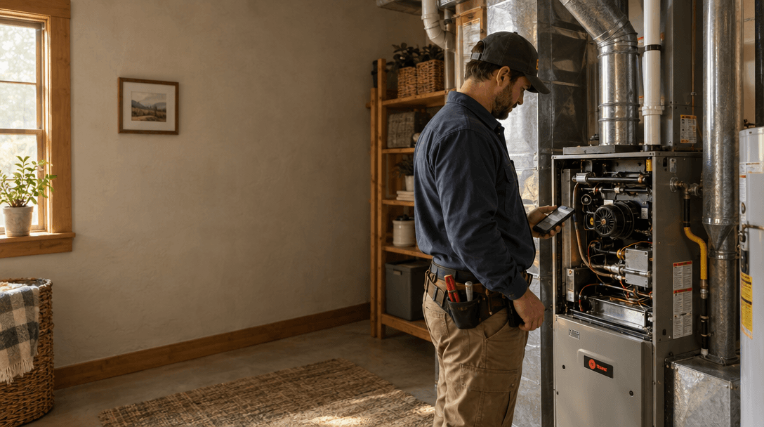 A heating and cooling technician inspecting a furnace in a home utility room